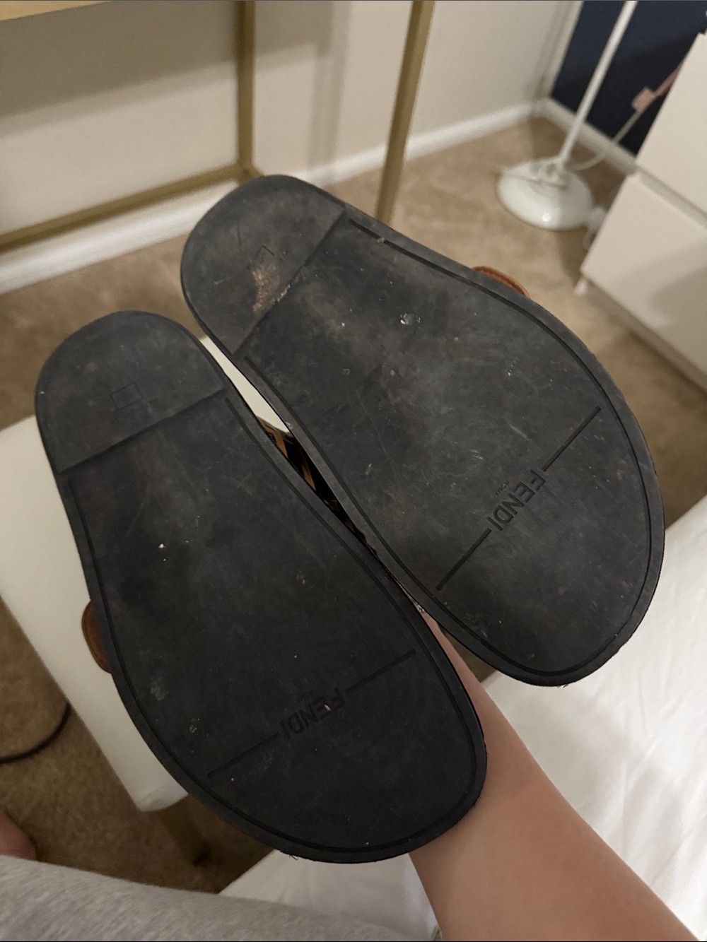 Fendi Tan and Black FF Logo Double Strap Slide Sandals - Picture 6 of 7